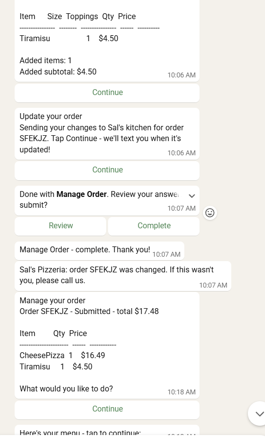 Sal's Pizza — order over messaging