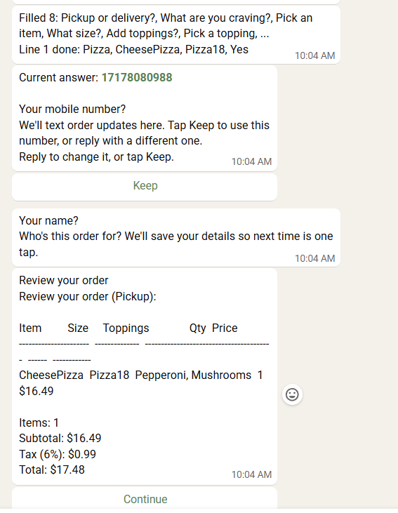 Sal's Pizza — order over messaging